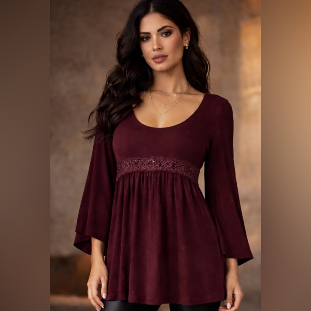 POL Burgundy Lace Accent Tunic with Low Back and Zipper